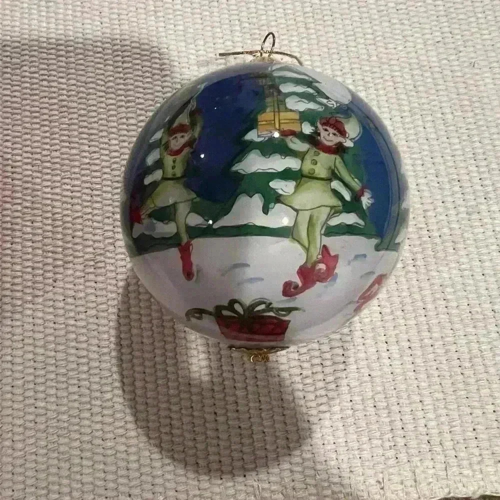 Pier One Imports 2005 Li Bien inside art ornament, elves, Santa, EUC, see pics